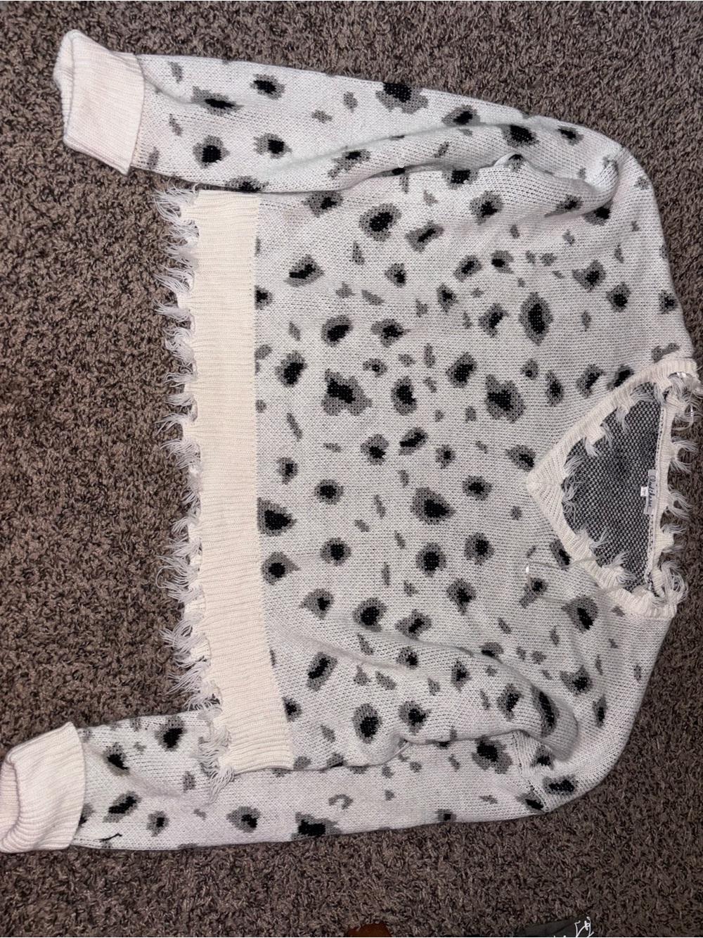 White and Black Leopard-Print Fray Hem Women's Sweater